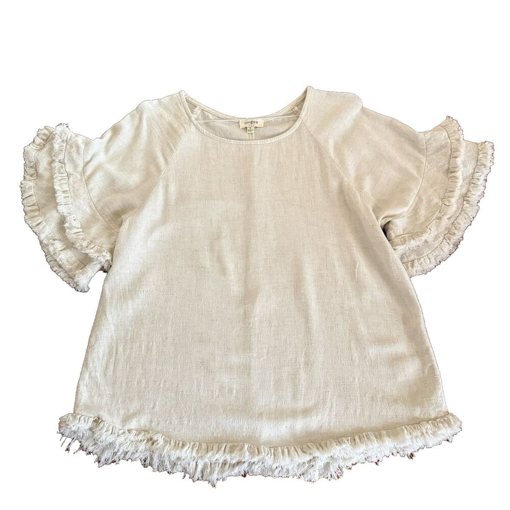 Umgee Womens Med Double Ruffle Sleeve Fringe Beige Linen Blend White Boho Top